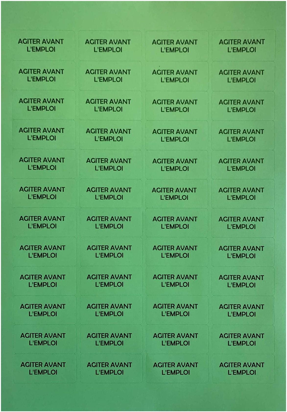 Etiquette verte "Agiter avant emploi" FR
